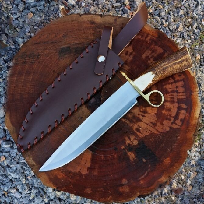 Tombstone Ring Guard Bowie Knife – Handmade Replica | 1095 Carbon Steel Blade with Real Stag Antler Handle - Image 5