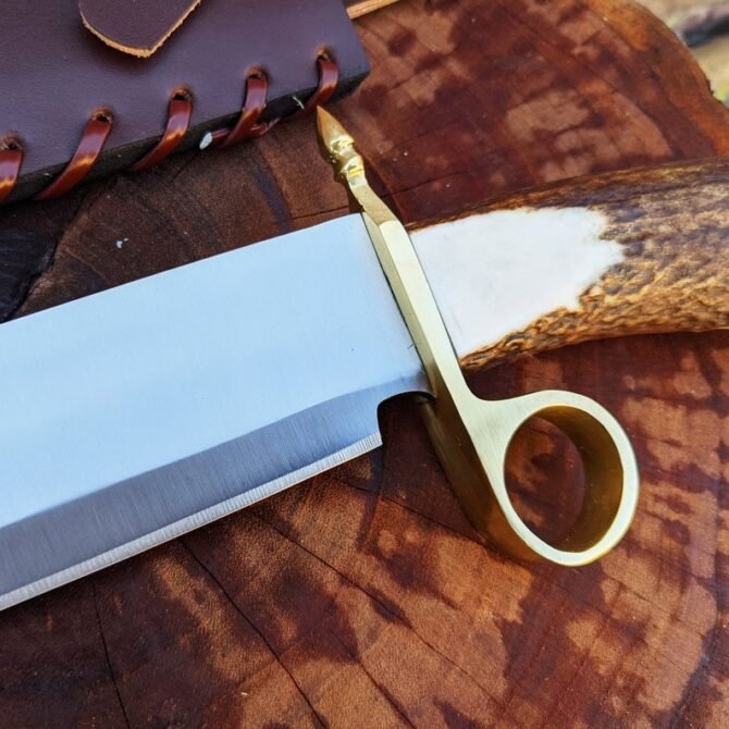 Tombstone Ring Guard Bowie Knife – Handmade Replica | 1095 Carbon Steel Blade with Real Stag Antler Handle - Image 6