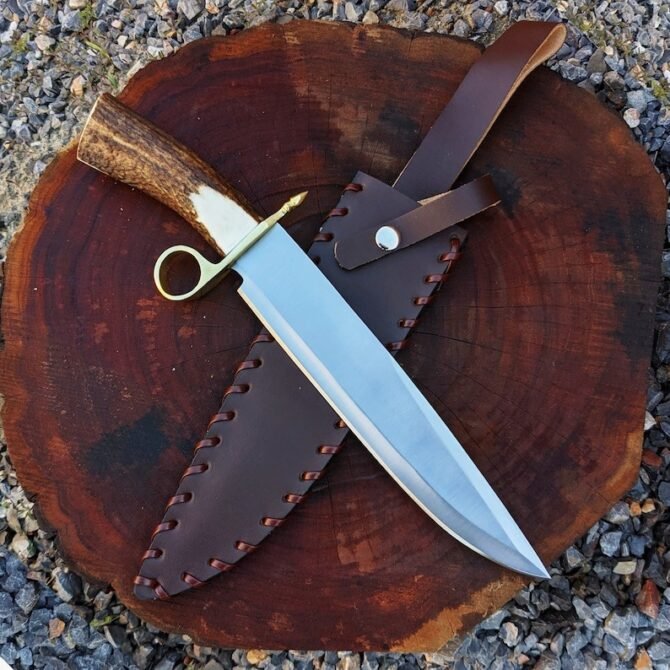 Tombstone Ring Guard Bowie Knife – Handmade Replica | 1095 Carbon Steel Blade with Real Stag Antler Handle