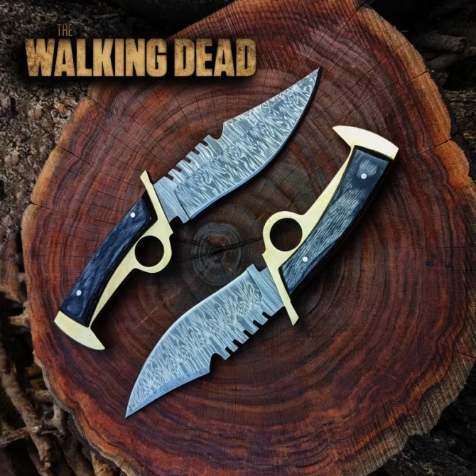 Walking Dead Knife: Replica Bowie Daryl Finger Guard Damascus Steel Knife With Brass - Image 11
