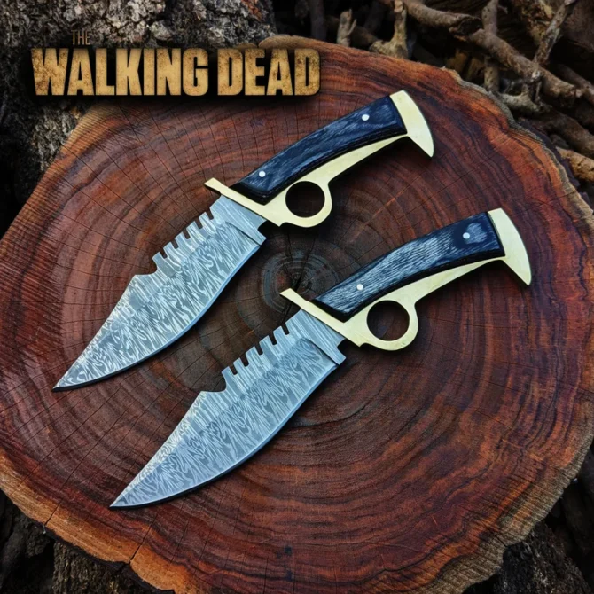 Walking Dead Knife: Replica Bowie Daryl Finger Guard Damascus Steel Knife With Brass - Image 2